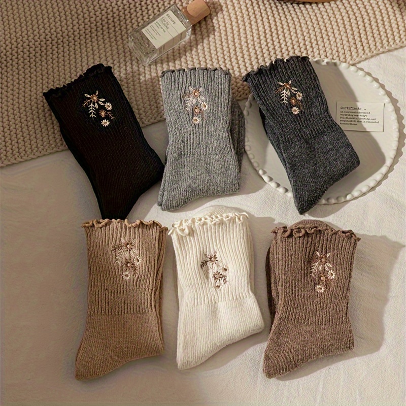 Embroidery On Socks - 6Pair Plush Embroidery Small Flower Mid-Calf