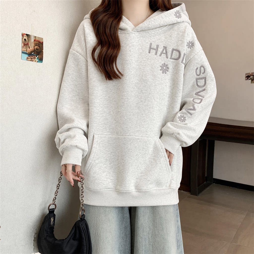 Embroidery Letter N - Solid Color Women's Hoodie Fashionable Embroidery