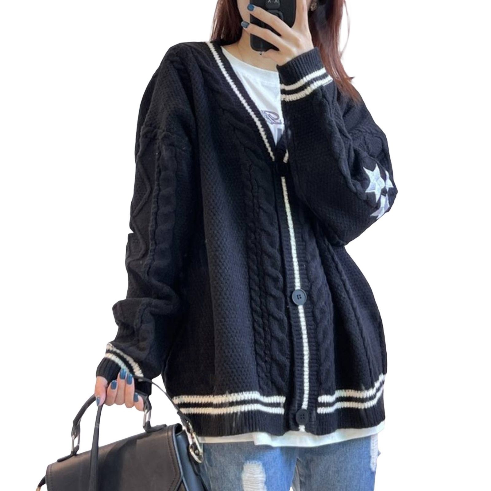 Women Vintage Cable Knit Cardi - Embroidery Letter N review and price